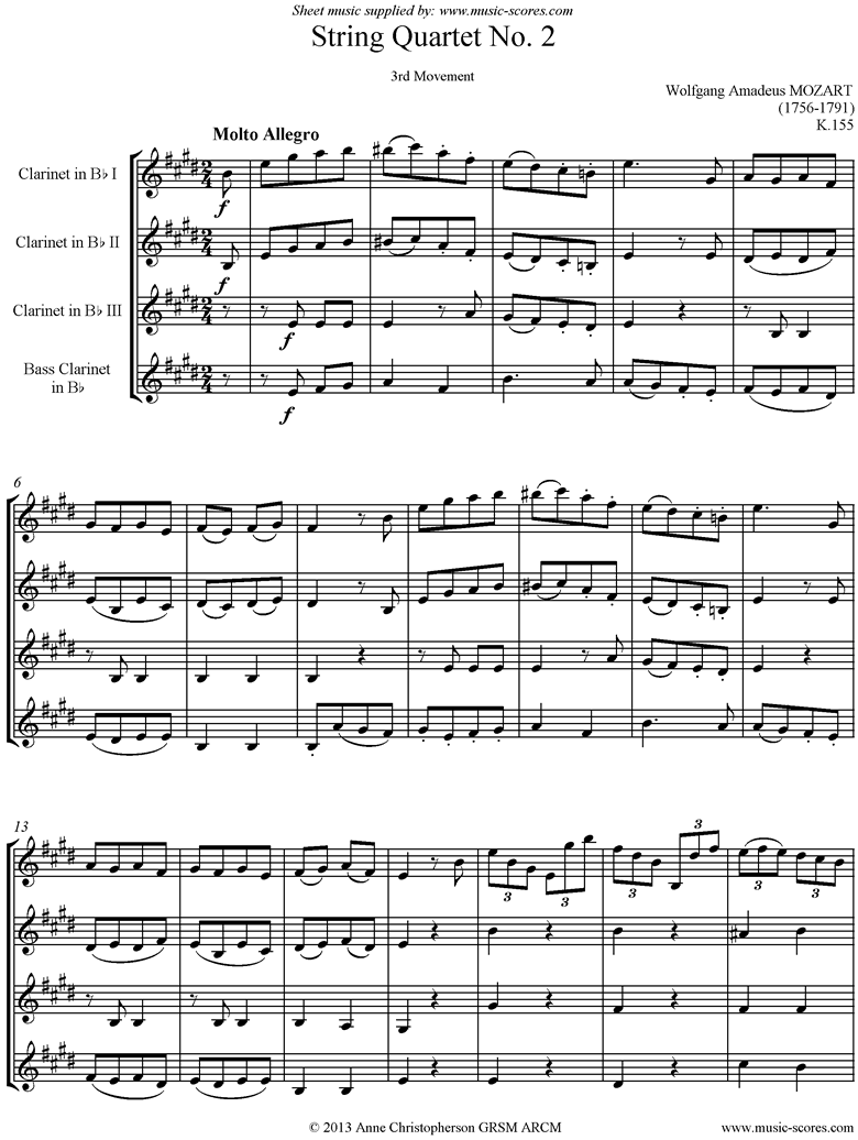 Front page of K155 String Quartet No 02: 3rd Mvt, Molto Allegro. 3 Clarinets, Bass Clarinet sheet music