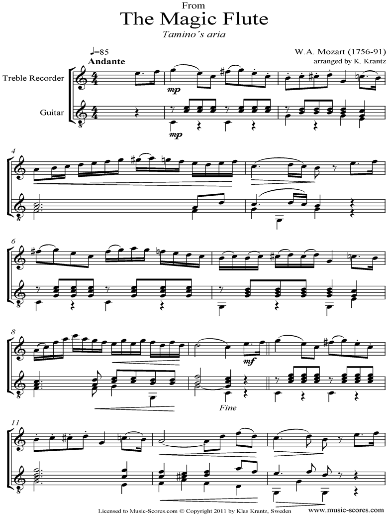 Front page of Magic Flute: Taminos Aria: Treble Recorder and Guitar sheet music