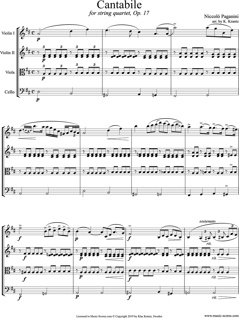 Front page of Op.17: Cantabile: String Quartet sheet music