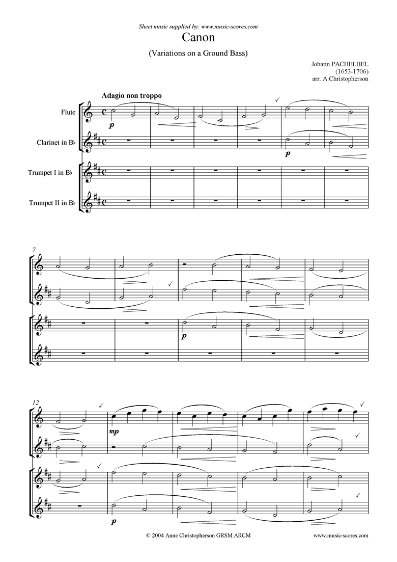 Front page of Canon: C: Easy: Flute, Clarinet, 2 Trumpets sheet music