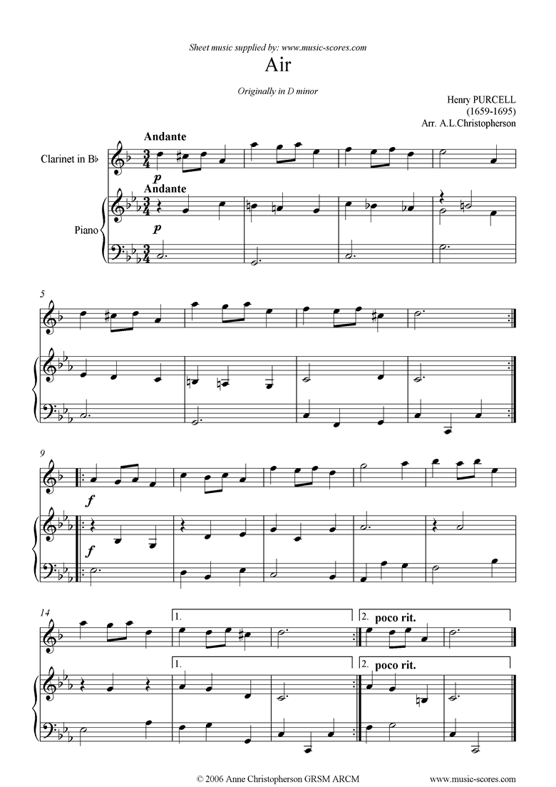 Front page of Air in D minor: Clarinet sheet music