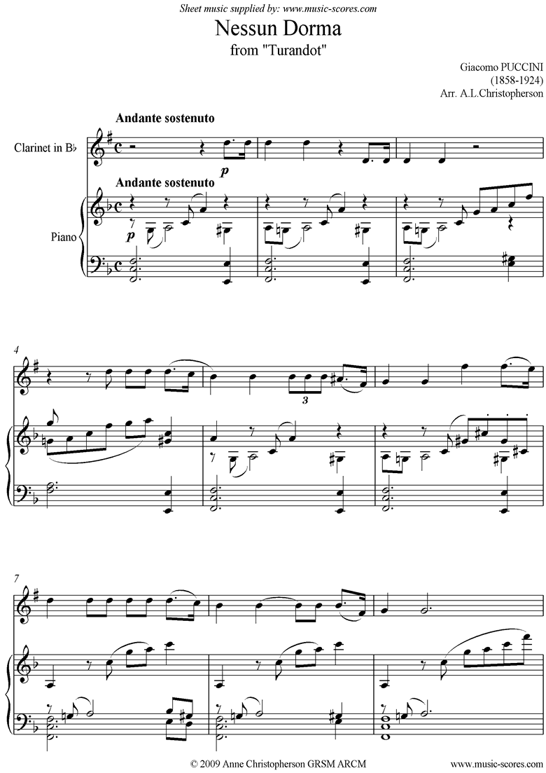 Front page of Turandot: Nessun Dorma: Clarinet sheet music