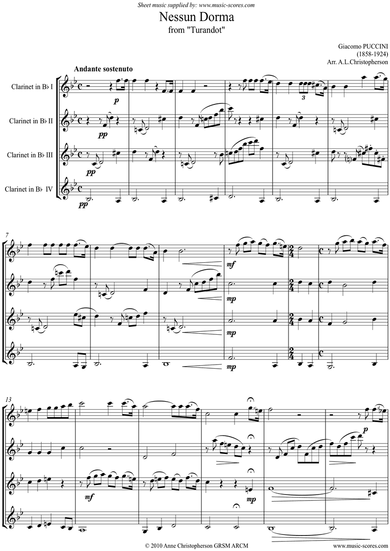 Front page of Turandot: Nessun Dorma: 4 Clarinets sheet music