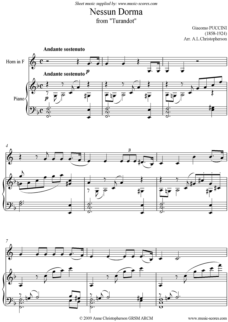 Front page of Turandot: Nessun Dorma: French Horn sheet music