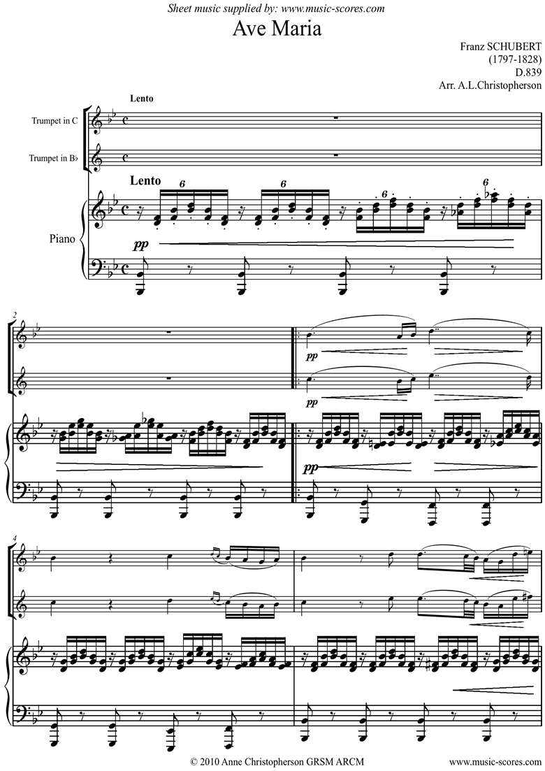 Front page of Ave Maria: Trumpet sheet music