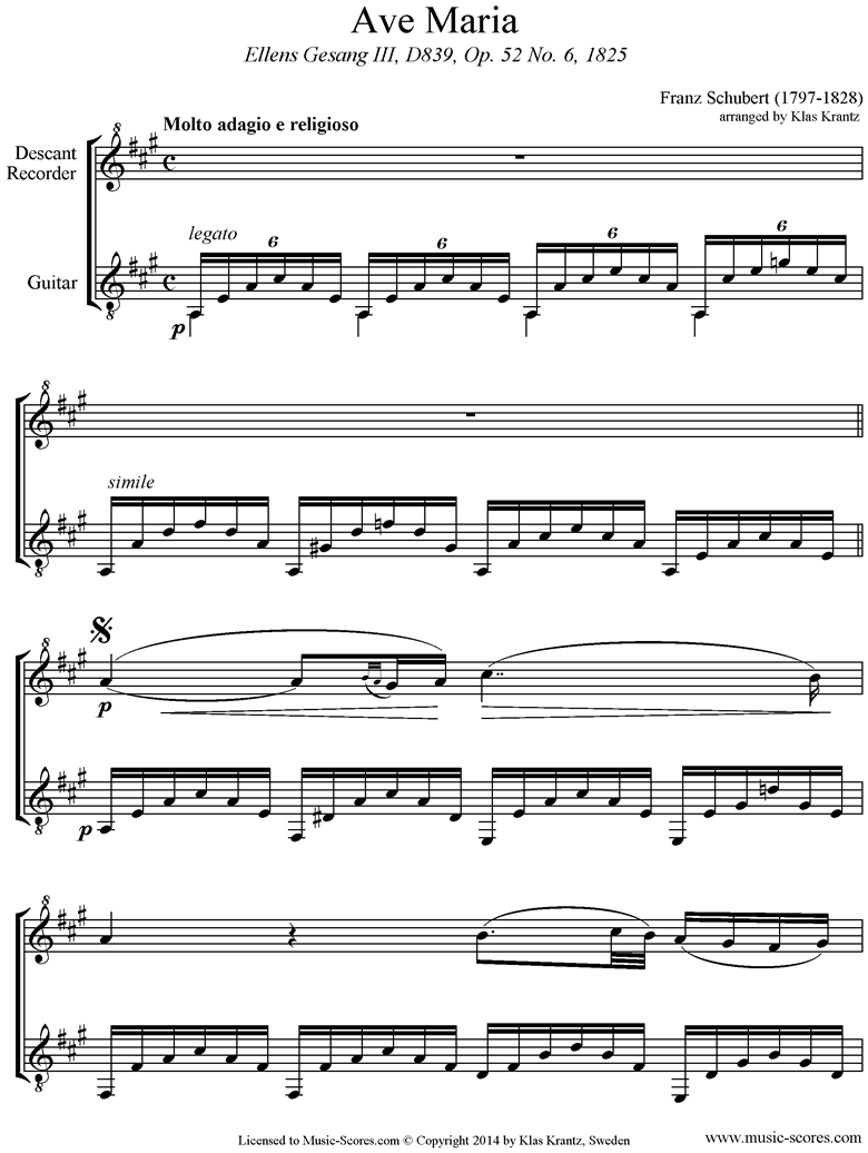 Front page of Ave Maria: Descant Recorder, Guitar sheet music