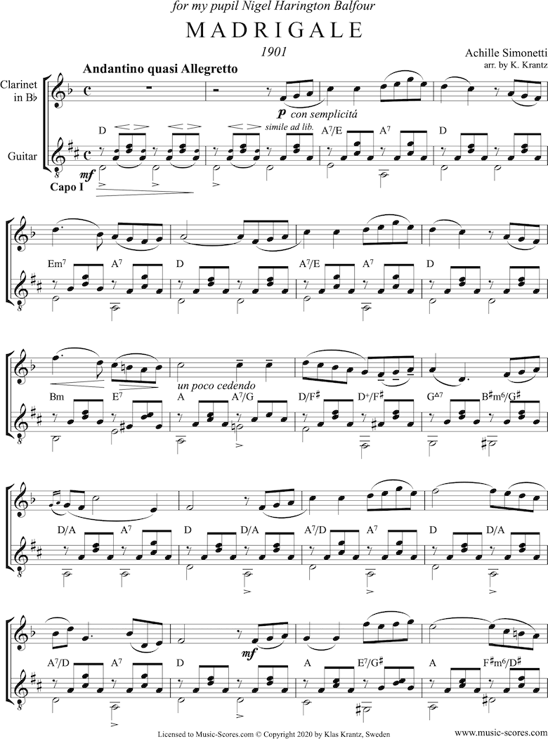 Front page of Madrigale: Clarinet, Guitar: sheet music