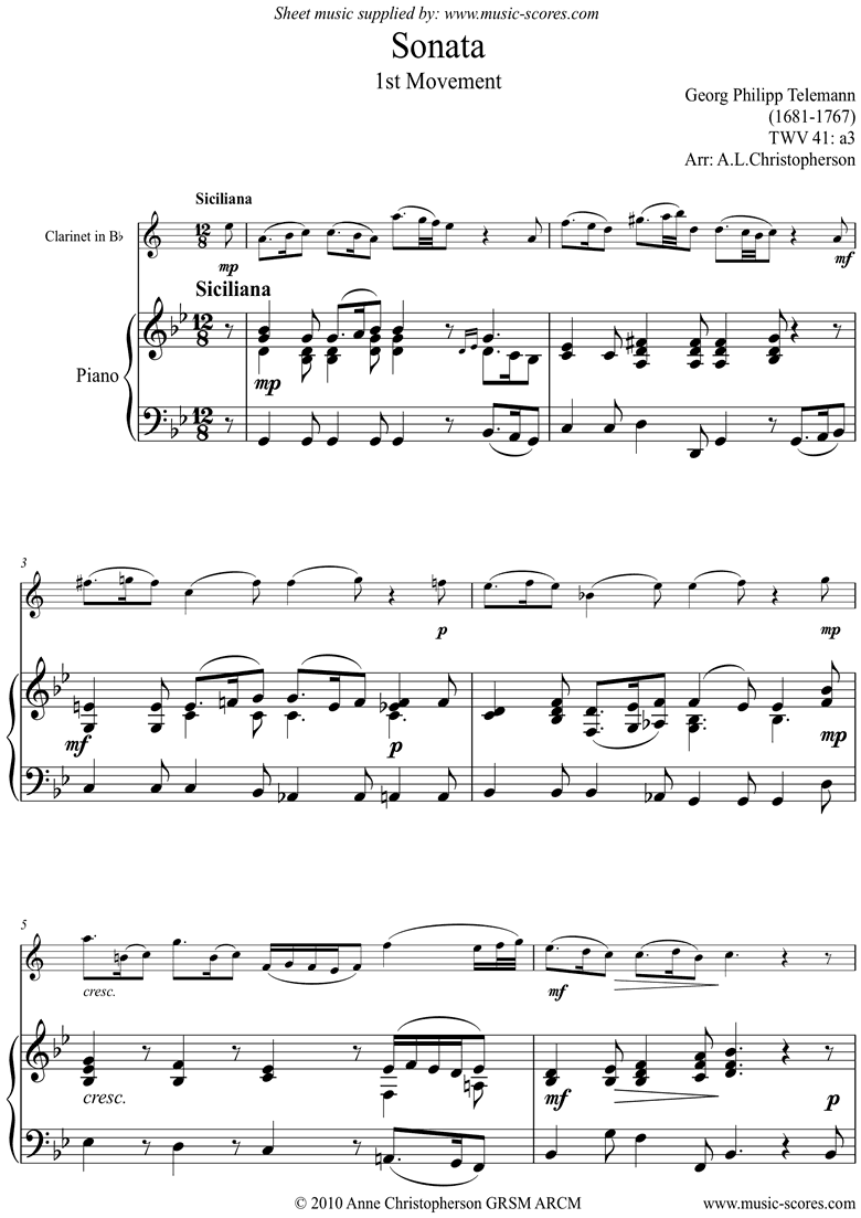 Front page of Sonata TWV41,a3 1st mvt Clarinet sheet music