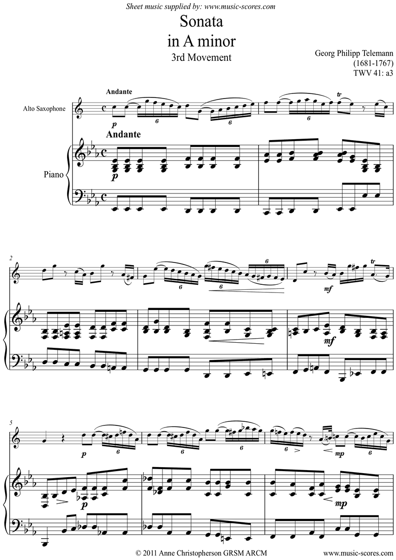 Front page of Sonata TWV41,a3 3rd mvt Alto Sax sheet music