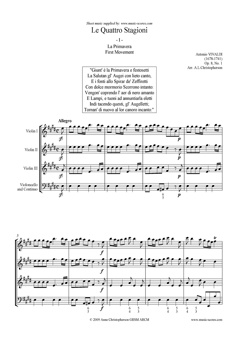 Front page of Op.8 No.1: The Four Seasons: Spring: 1st mt 3VnsVc sheet music