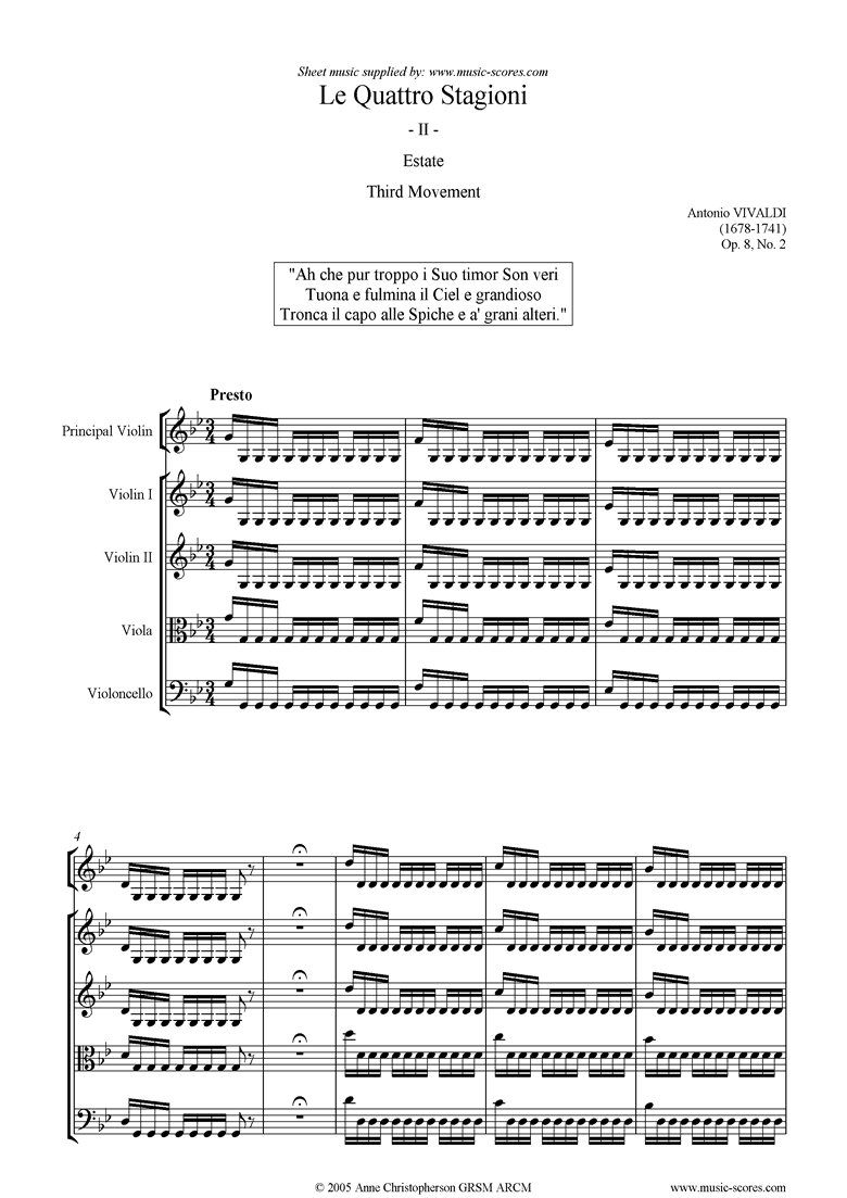 Front page of Op.8 No.2: The Four Seasons: Summer: 3rd mt:Strings sheet music