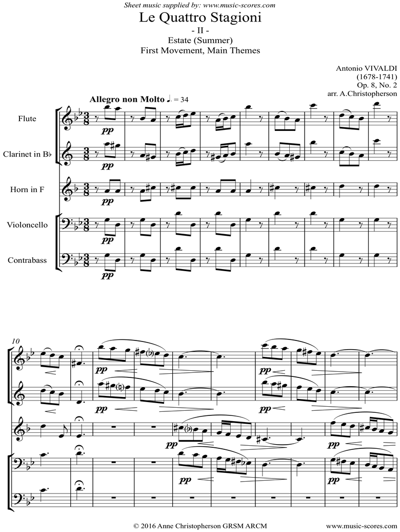 Front page of Op.8 No.2: The Four Seasons: Summer: 1st mt: Flute, Clarinet, Horn, Cello, Contrabass sheet music