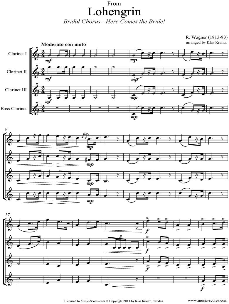 Front page of Wedding March: from Lohengrin: 3 Clarinets, Bass Clarinet sheet music
