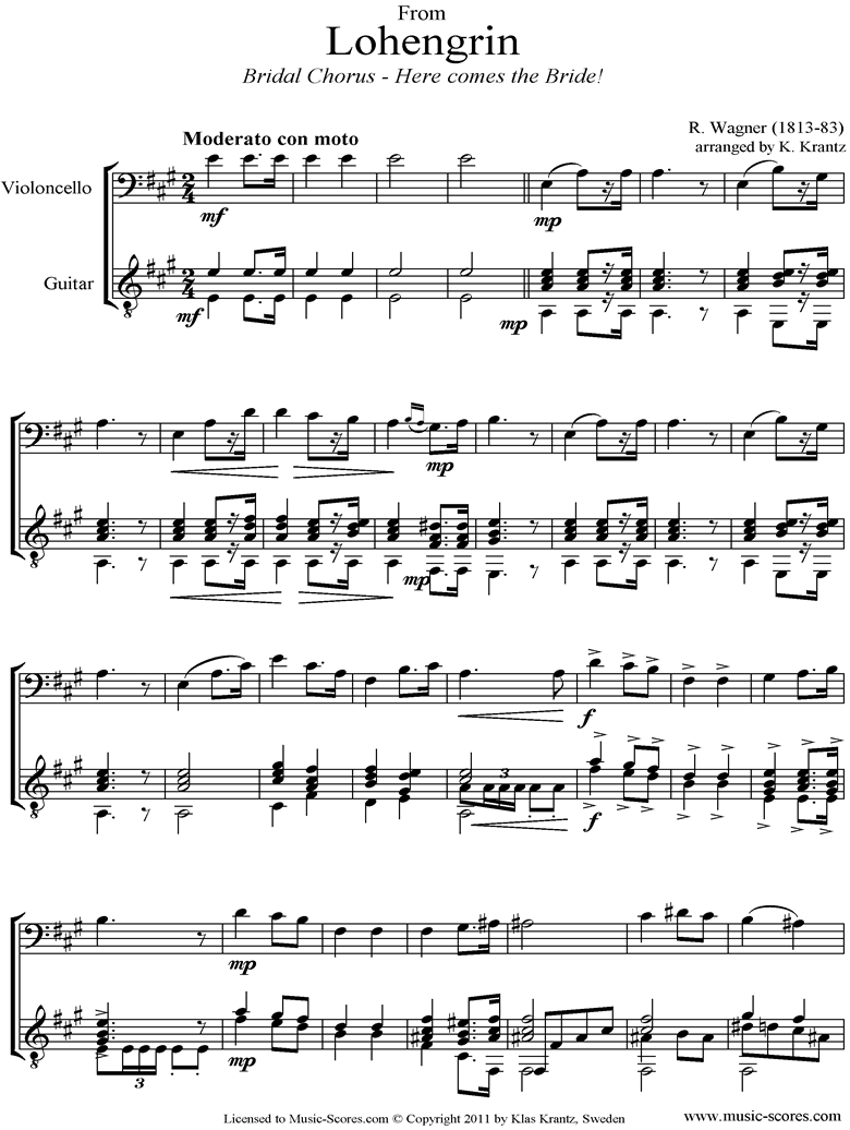 Front page of Wedding March: from Lohengrin: Cello, Guitar sheet music