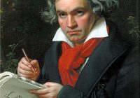 Colour Portrait of Beethoven holding some sheet music in 1820