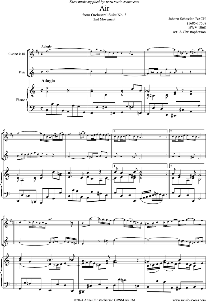 Front page of bwv 1068: Air on G: Clarinet, Flute and Piano: sheet music