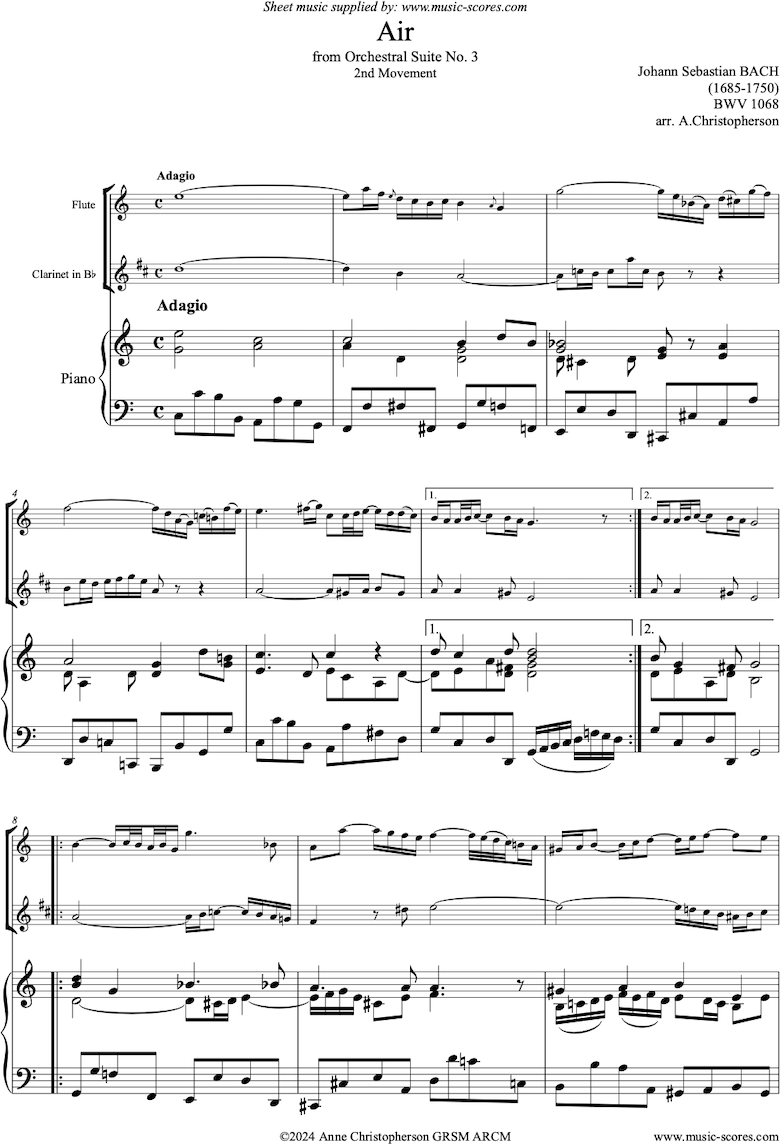 Front page of bwv 1068: Air on G: Flute, Clarinet and Piano: sheet music