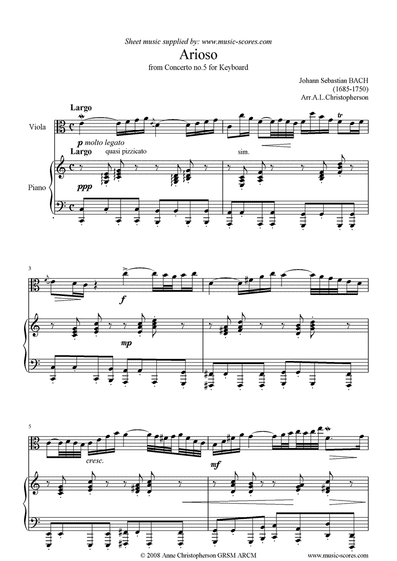 Front page of Cantata 156, 5th Concerto: Arioso: Viola sheet music