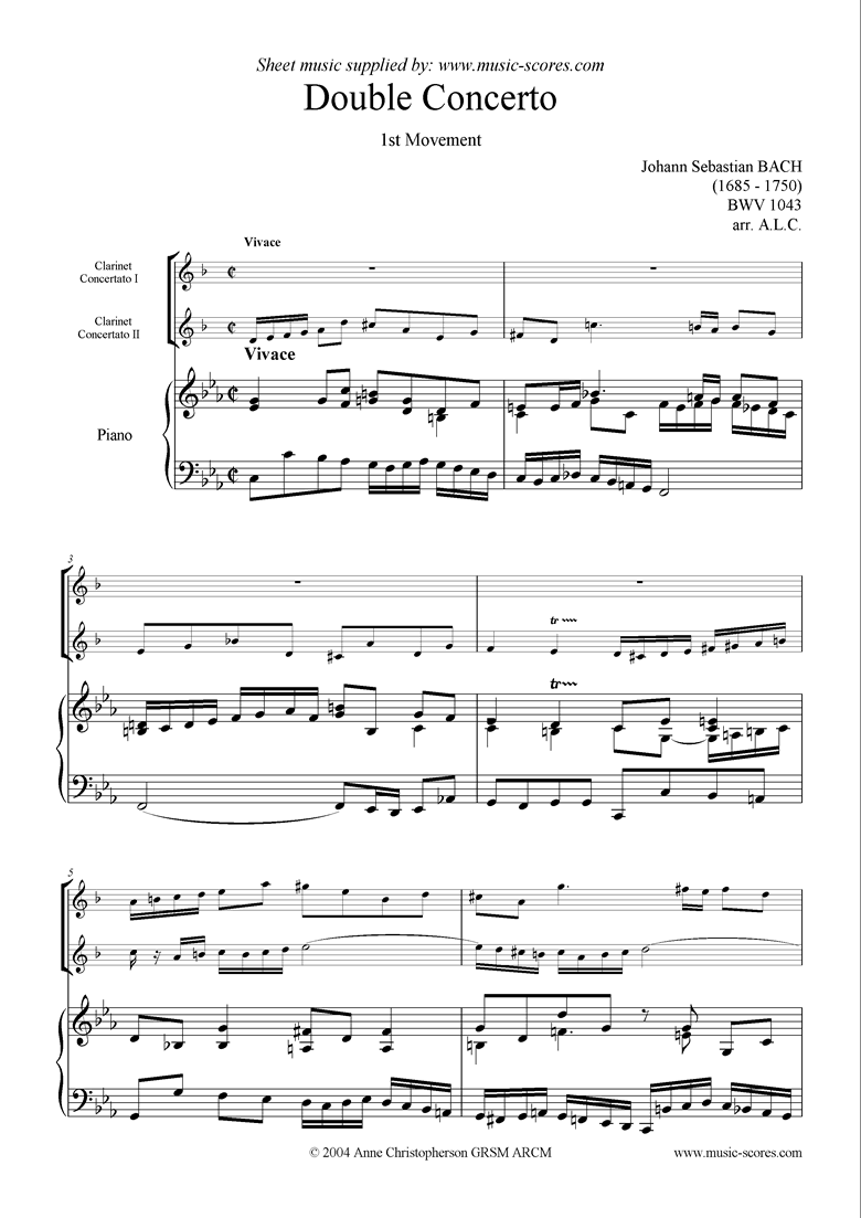 Front page of bwv 1043: Double Concerto, 2 cls lower: 1st mvt sheet music