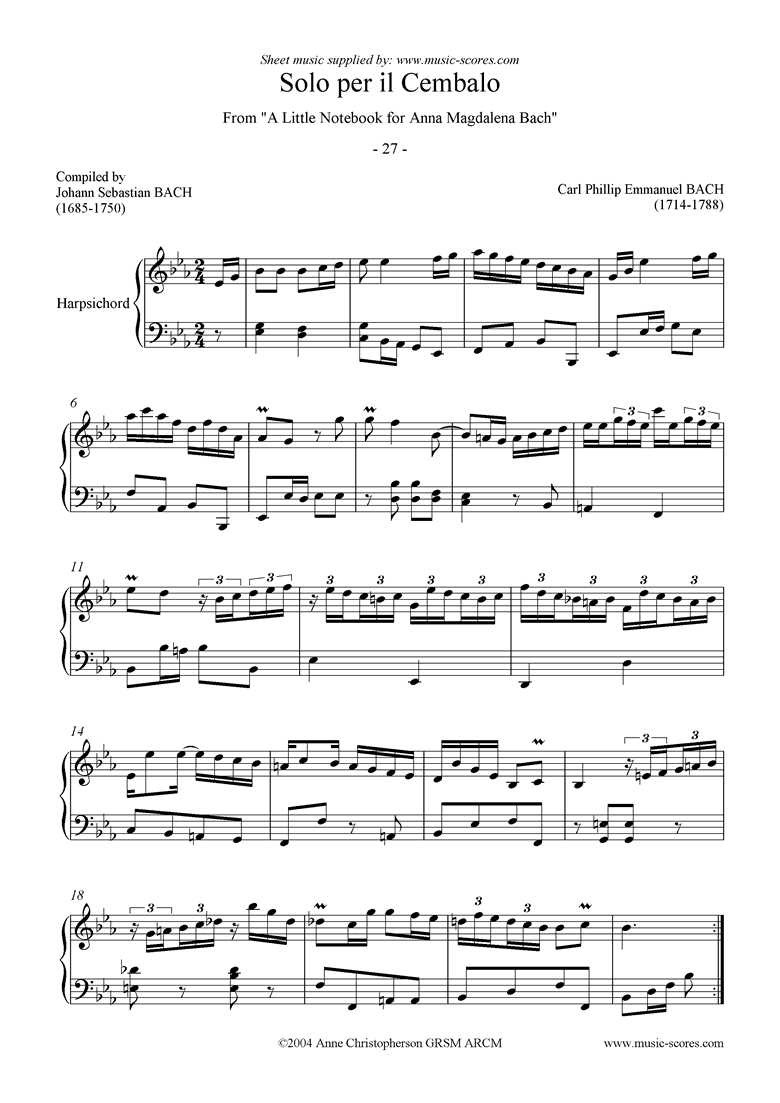 Front page of Anna Magdalena: No 27: Solo per Il Cembalo sheet music