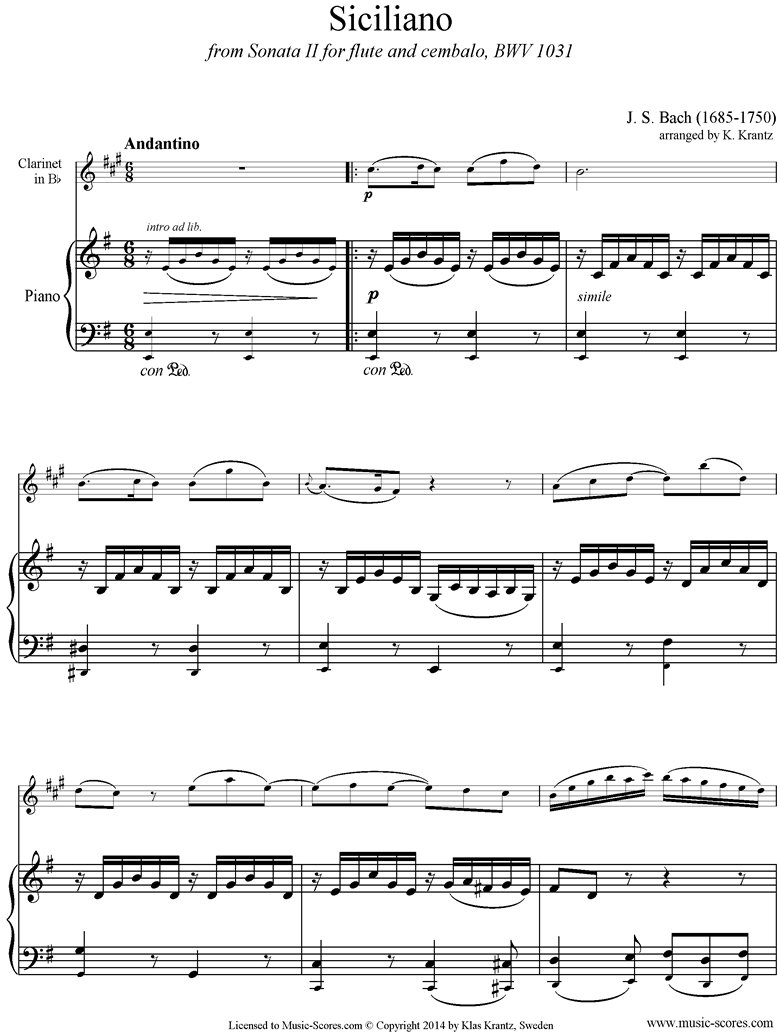 Siciliana by Bach BWV 1031 Transcription for Violin and Piano