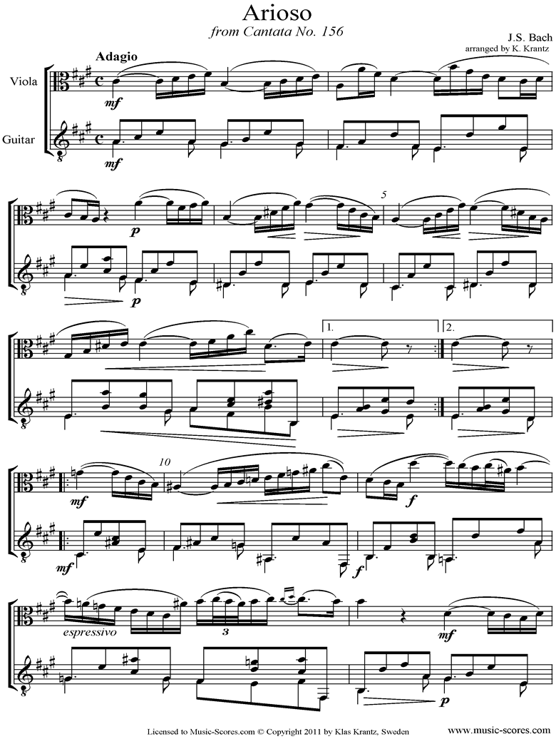 Front page of Cantata 156, 5th Concerto: Arioso: Viola, Guitar sheet music
