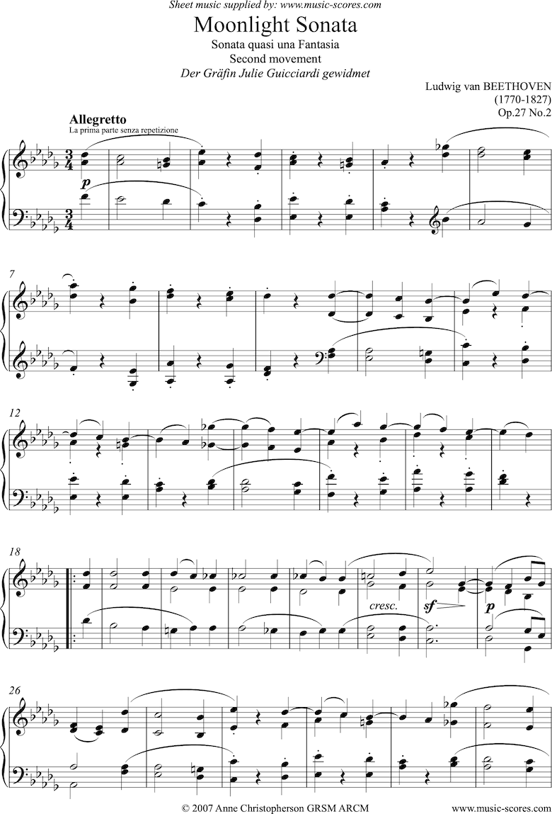 Op 27 No2 Sonata 14 Moonlight 2nd Mvt Piano Sheet Music By Ludwig Van Beethoven