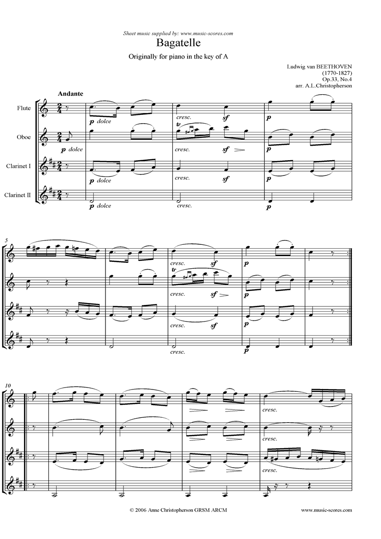 Front page of Op.33, No.4: Bagatelle in A: flute oboe, 2 clarinet sheet music