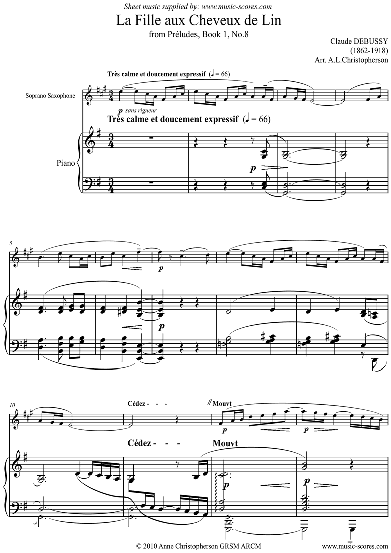 Front page of Preludes Bk1: Fille aux Cheveux de Lin Soprano Sax sheet music