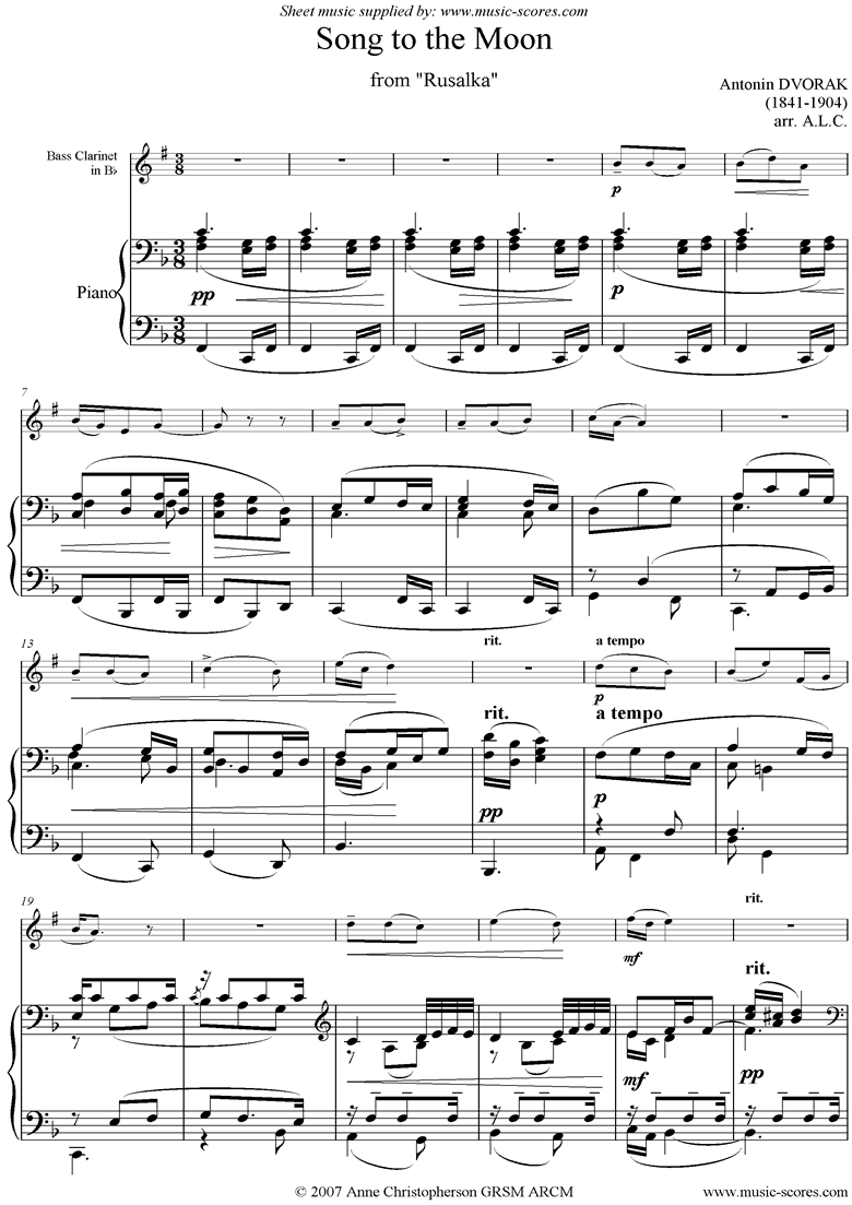 Front page of Song to the Moon: from Rusalka. Bass Clarinet sheet music