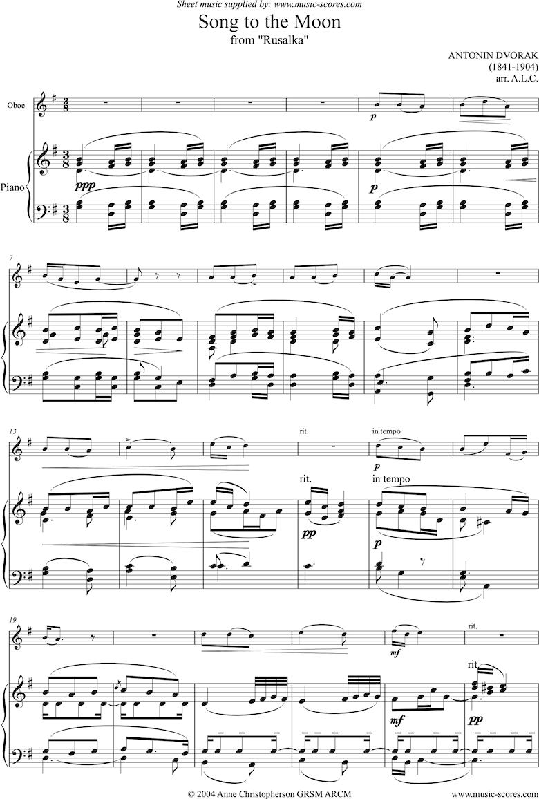 Front page of Song to the Moon: from Rusalka. Oboe sheet music