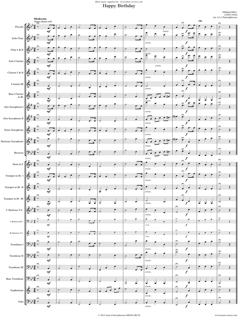 Traditional Happy Birthday Concert Band Classical Sheet Music