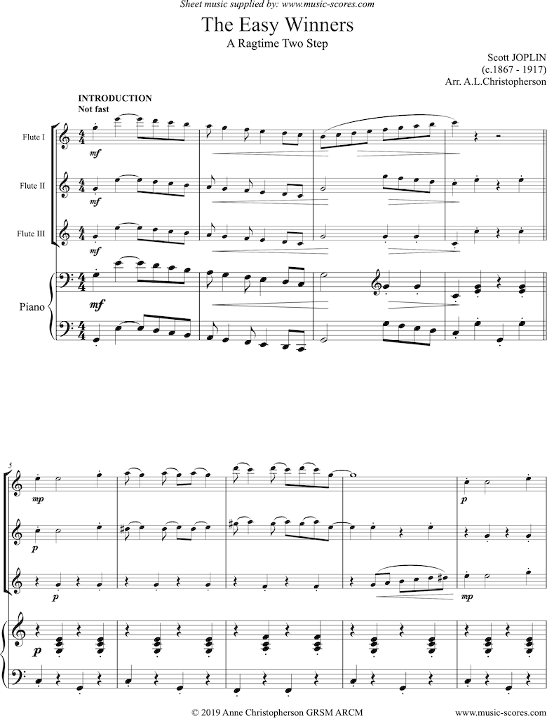 Front page of The Easy Winners: Full: 3 Flutes and Piano sheet music