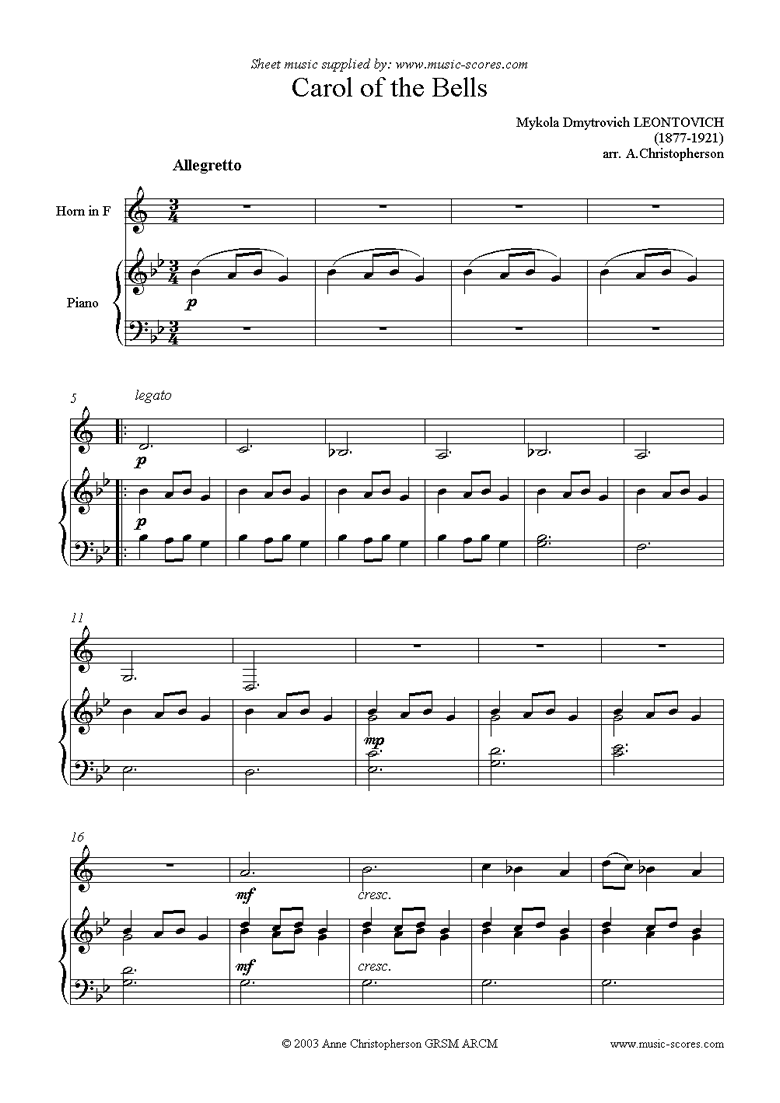Front page of Carol of the Bells - French Horn sheet music