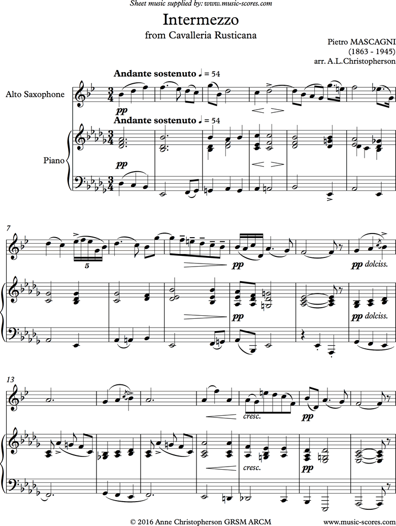 Mascagni. Cavalleria Intermezzo Alto Sax classical sheet music