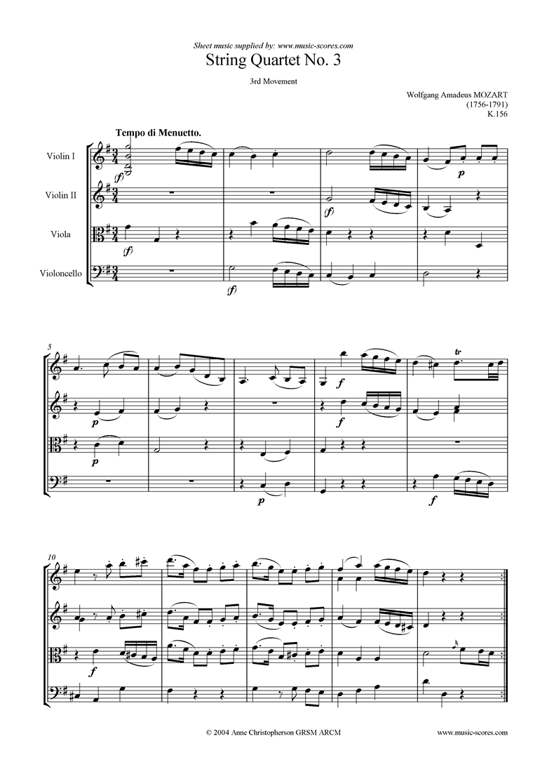 Front page of K156 String Quartet No 03: 3rd Mvt, Menuetto sheet music