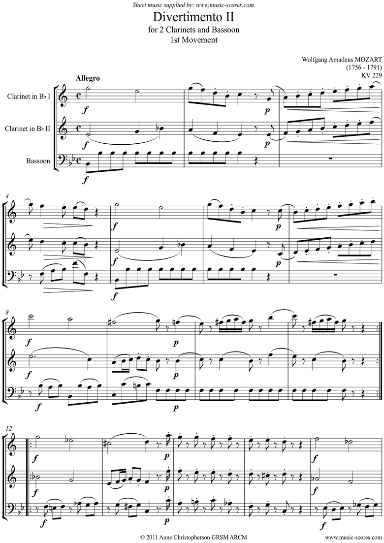 Front page of K439b, K.Anh229 Divertimento No 02: 1st mvt, Allegro: 2cls, Fg sheet music