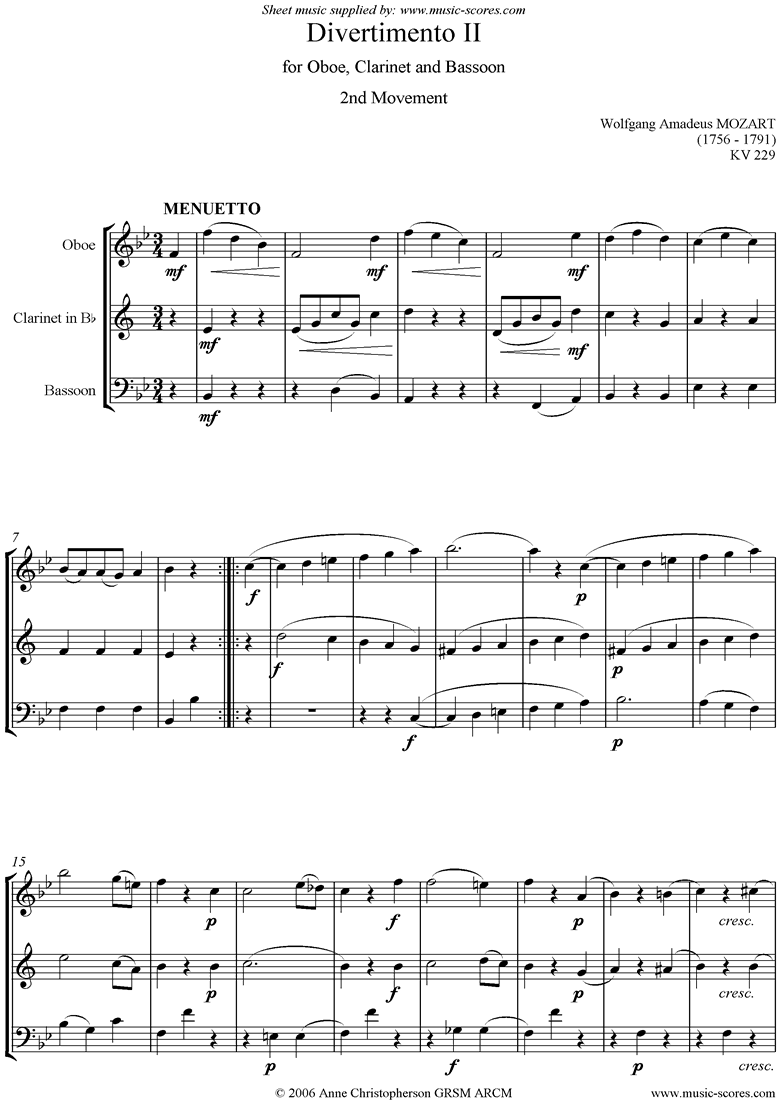 Front page of K439b, K.Anh229 Divertimento No 02: 2nd mvt, Minuet and Trio: Oboe, Clarinet, Bassoon sheet music