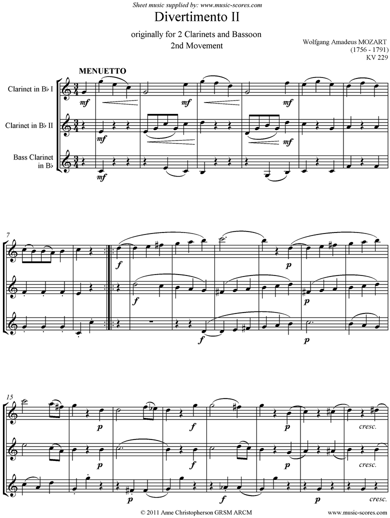 Front page of K439b, K.Anh229 Divertimento No 02: 2nd mvt, Minuet 2 Clas, Bcl. sheet music