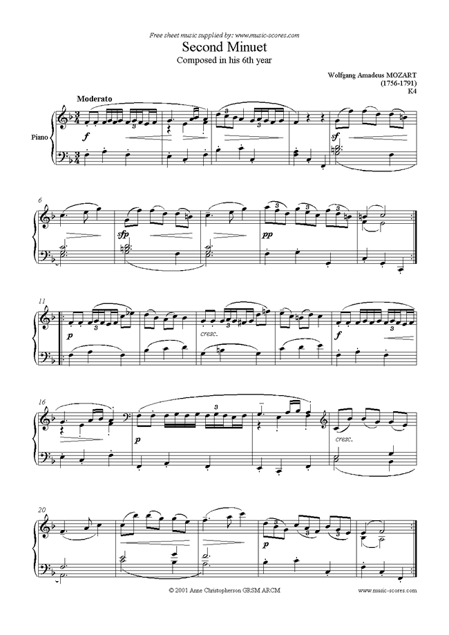 Front page of K004 Minuet No. 2 in F sheet music