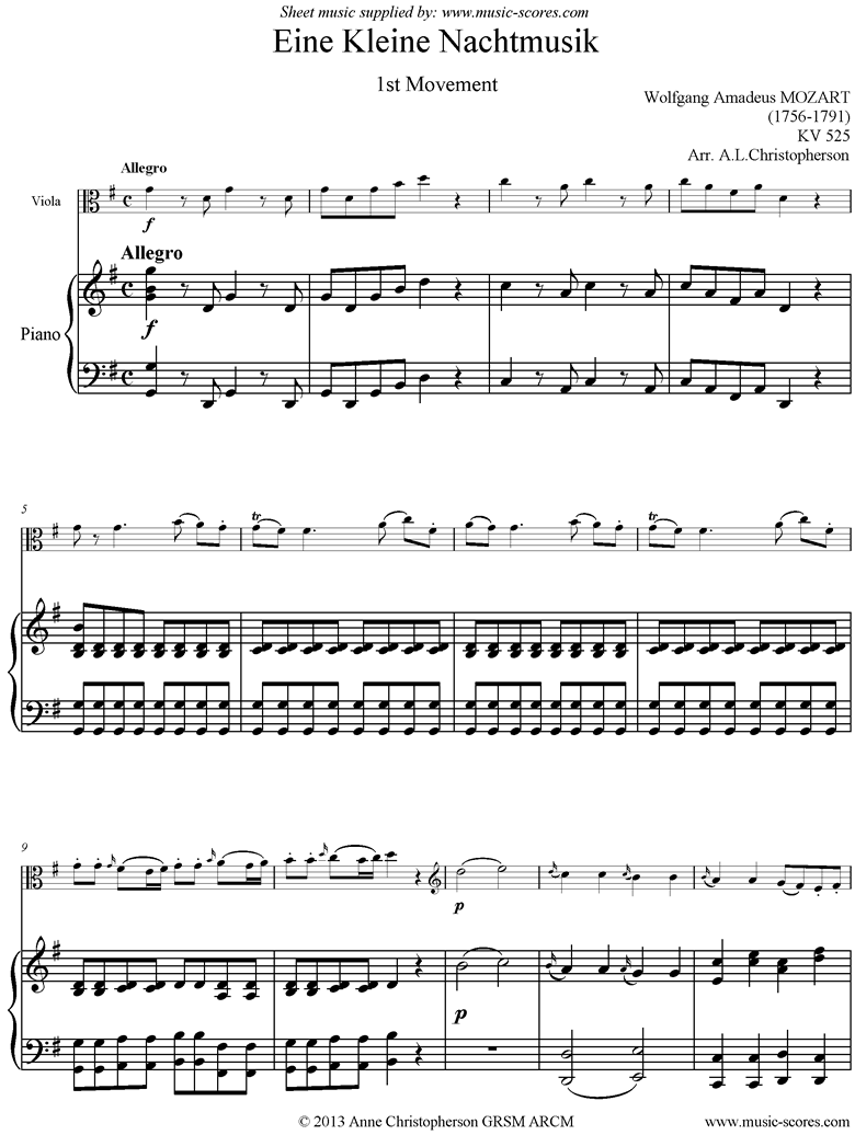 Front page of K525 Eine Kleine Nacht Musik: 1st movement: Viola, Piano sheet music