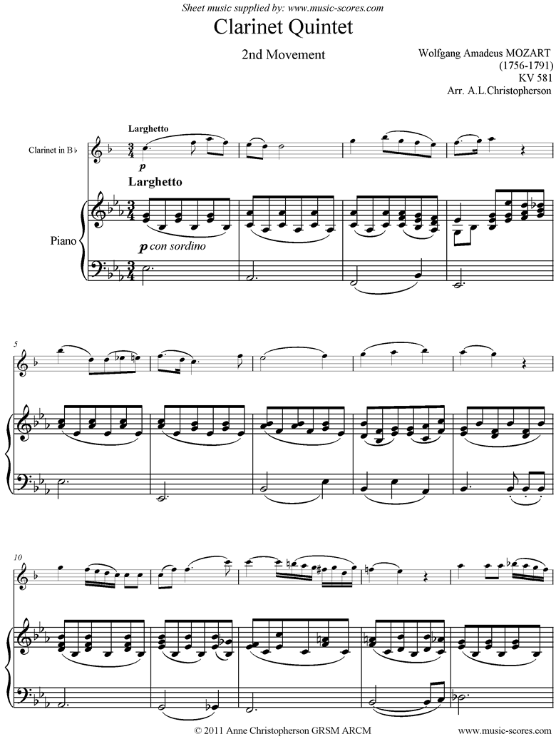 Front page of K581 Clarinet Quintet, 2nd Mt Clarinet, Piano sheet music