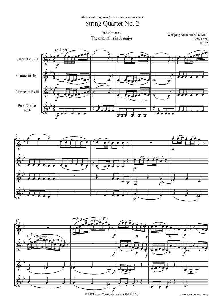 Front page of K155 String Quartet No 02: 2nd Mvt, Andante: 3 Clarinets, Bass Clarinet:lower sheet music