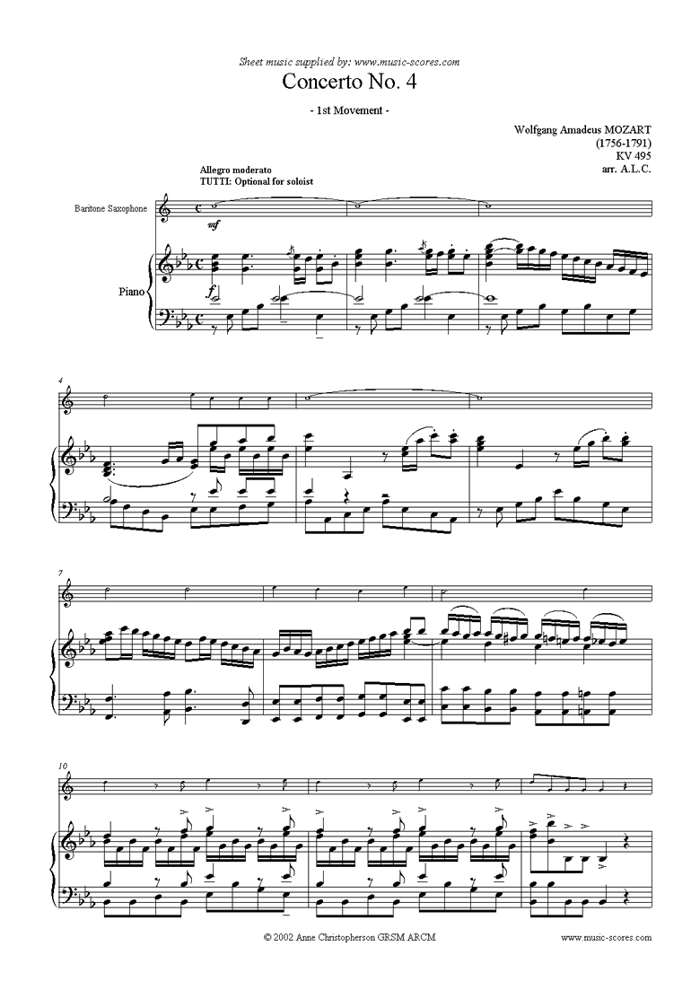 Front page of K495 Horn Concerto in Eb, 1st Movement: Bari Sax sheet music