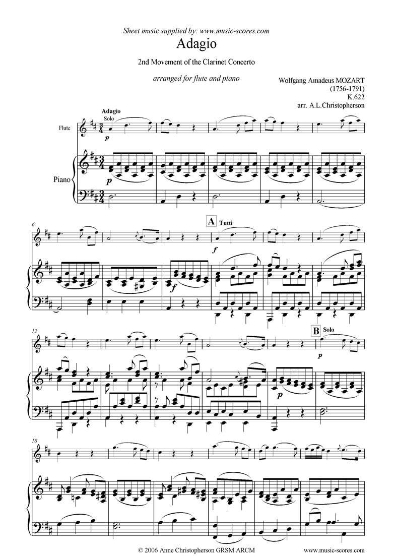 Front page of K622 Clarinet Concerto: 2nd: Flute sheet music