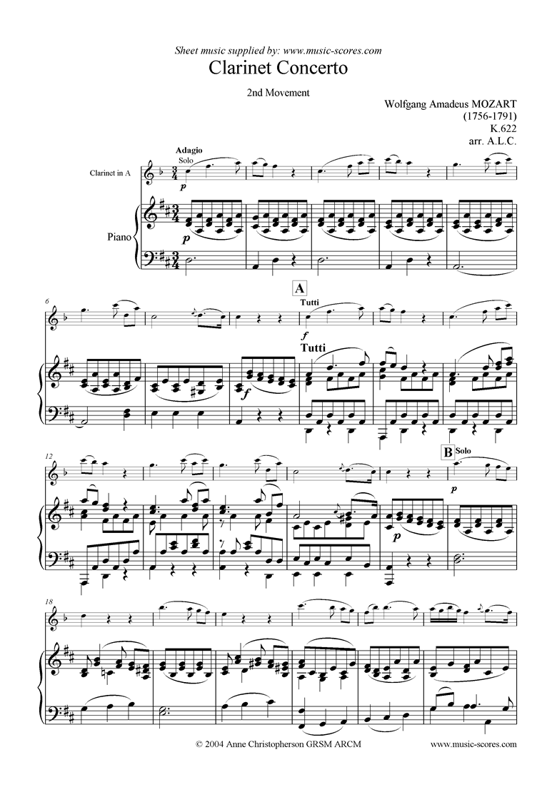 Front page of K622 Clarinet Concerto: 2nd Mvt: Clarinet in A sheet music