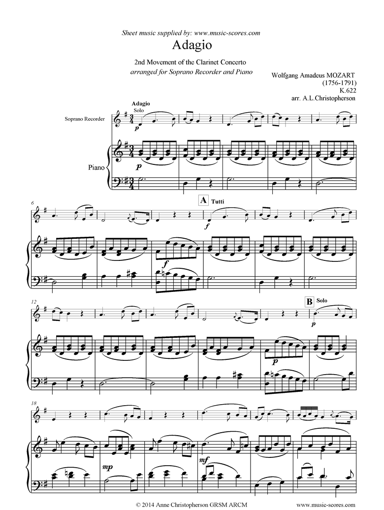 Front page of K622 Clarinet Concerto: 2nd: Soprano Recorder sheet music