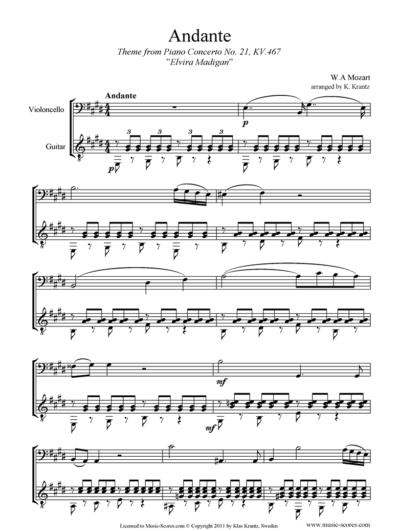 Front page of K467 Piano Concerto 21, 2nd mvt Elvira Madigan: Cello, Guitar sheet music