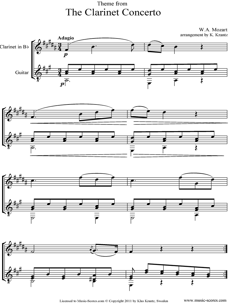 Front page of K622 Clarinet Concerto: 2nd: Clarinet, Guitar sheet music
