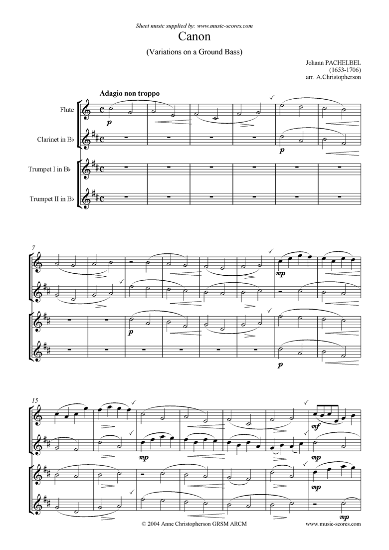 Front page of Canon: Flute, Clarinet, 2 Trumpets sheet music